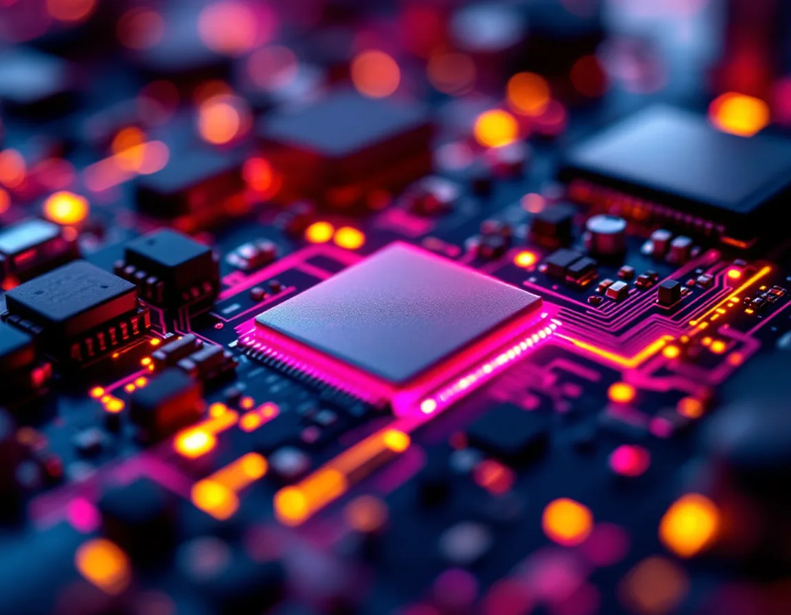 Macro detail of a circuit board lit with magenta and amber neon traces